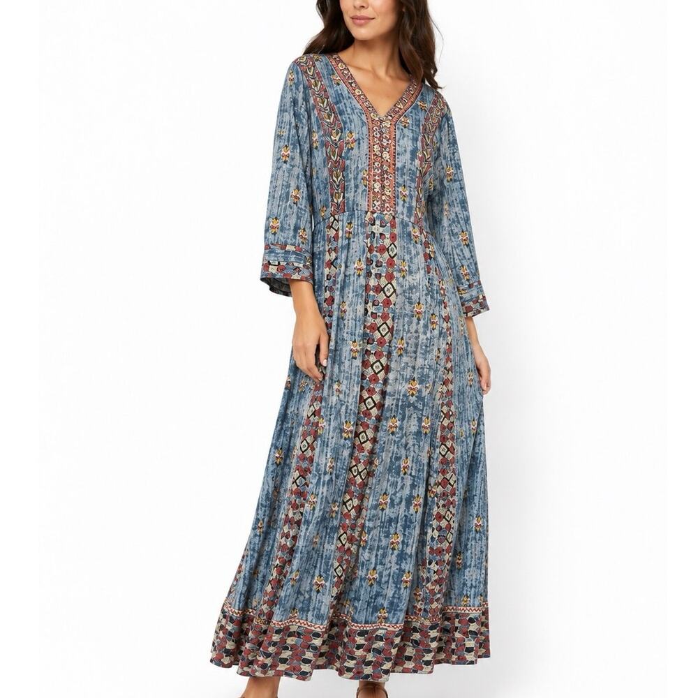 Soft Surroundings San Remo Maxi Dress Boho Blue Embroidered Resort Vacation